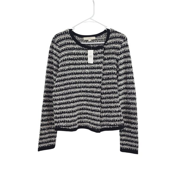 Loft Women's Long Sleeve Full Zip Blazer Black White Stripe Pattern Office - Picture 1 of 10
